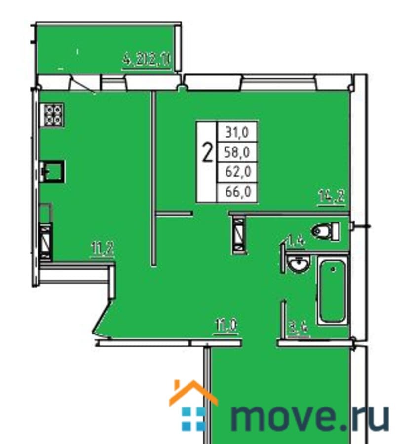 2-комн. квартира, 62 м²