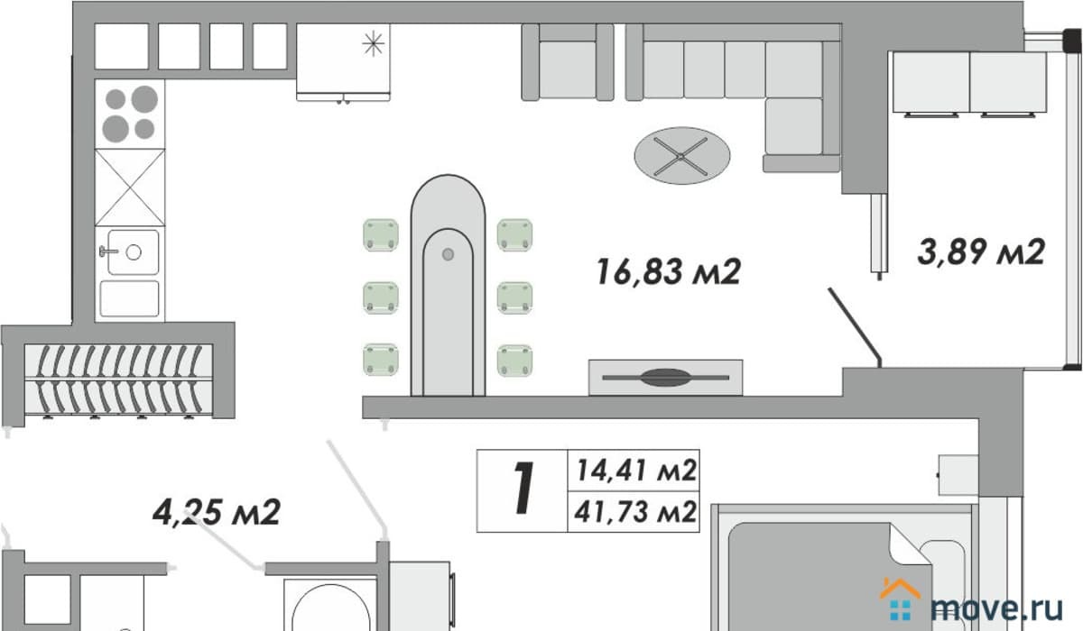 1-комн. квартира, 41.73 м²