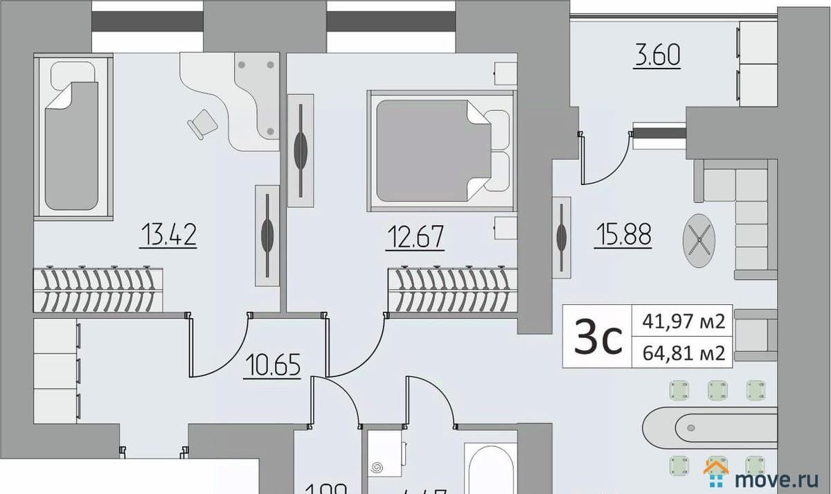 3-комн. квартира, 64.81 м²