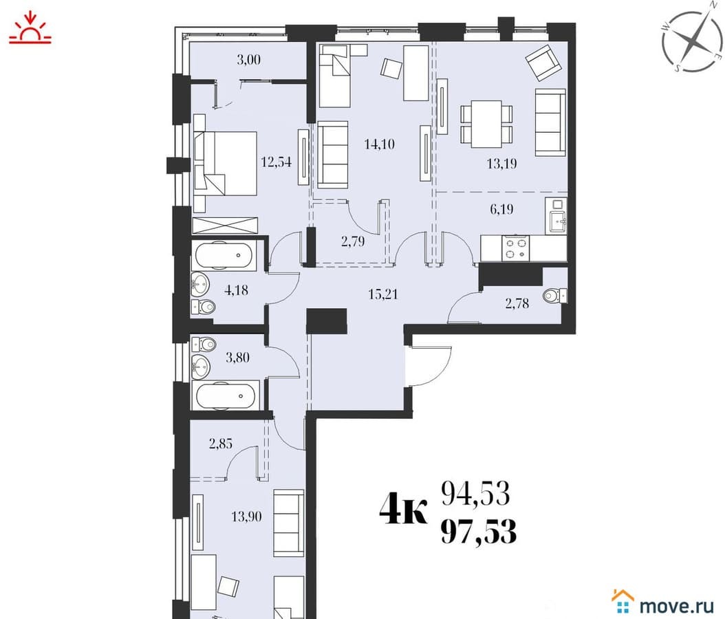 4-комн. квартира, 97.53 м²