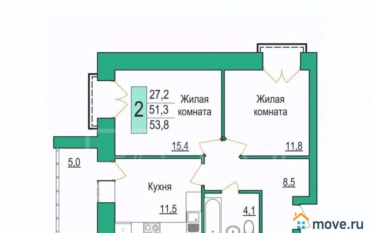 2-комн. квартира, 53.8 м²