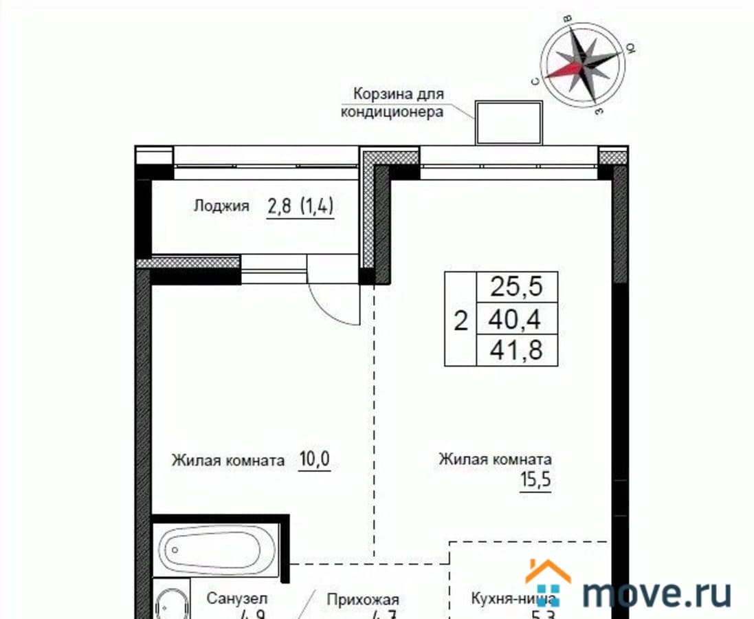 2-комн. квартира, 41.8 м²