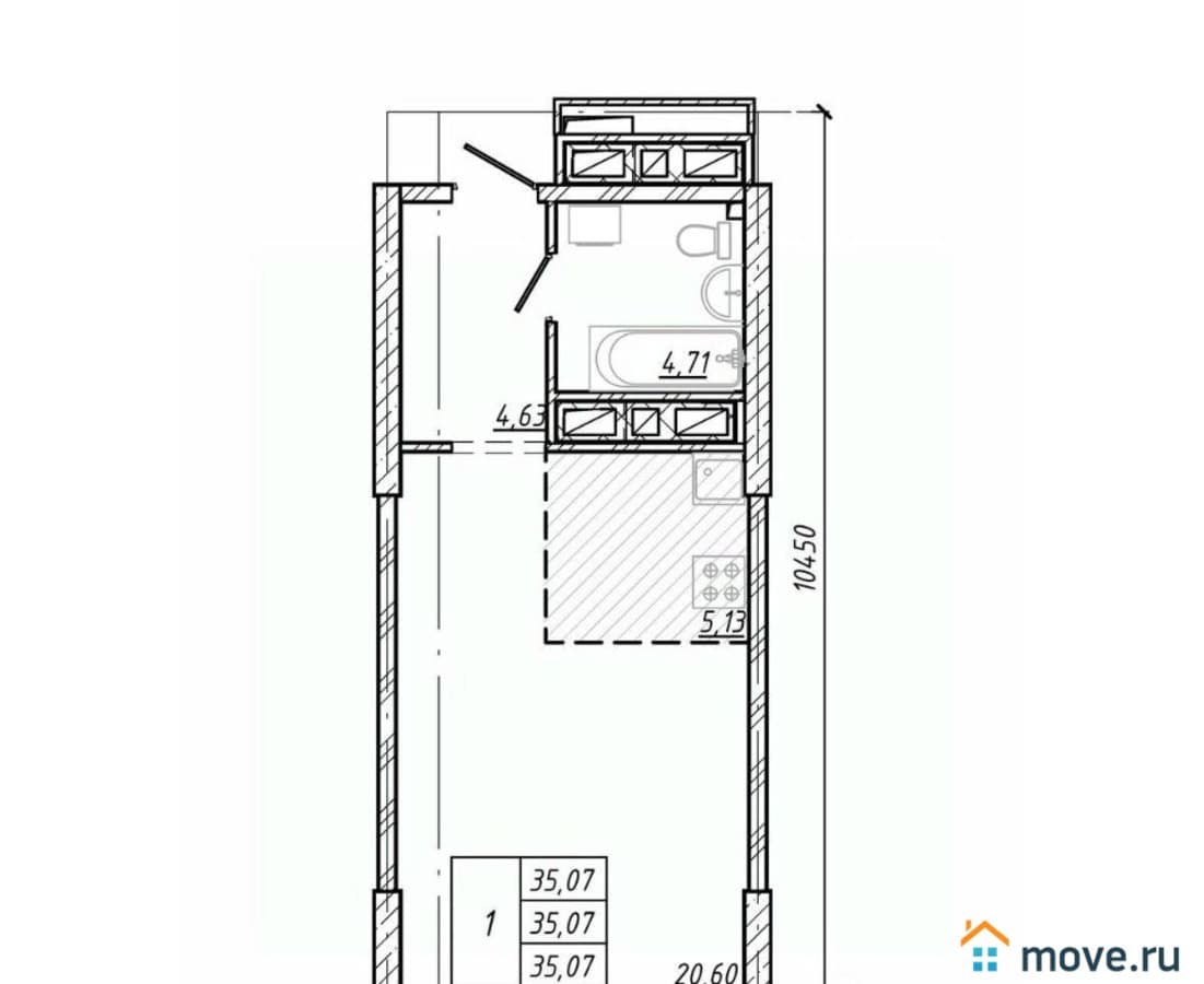 1-комн. квартира, 35.07 м²