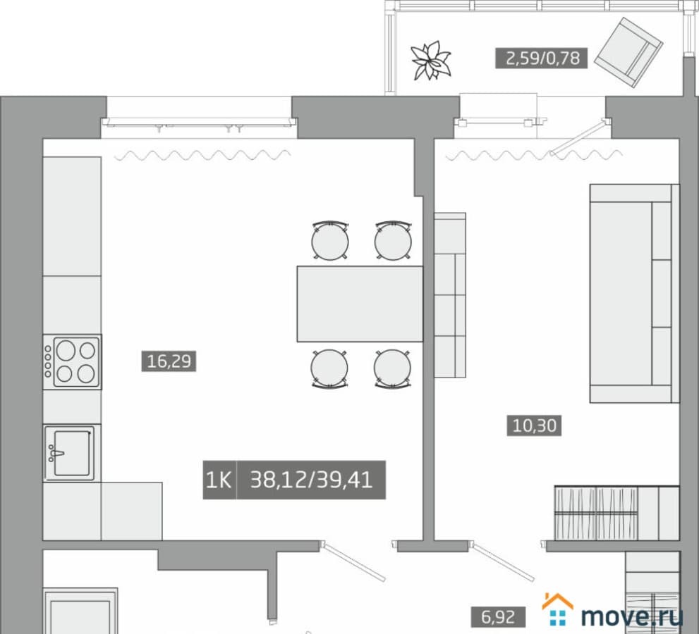 1-комн. квартира, 39.41 м²