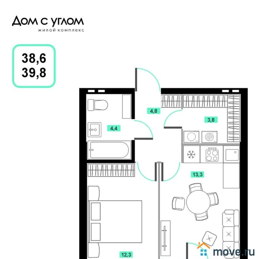 1-комн. квартира, 39.8 м²