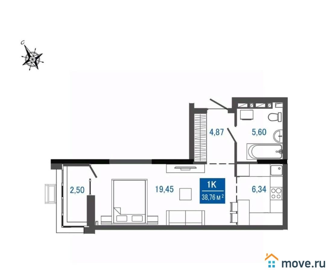 1-комн. квартира, 37.51 м²