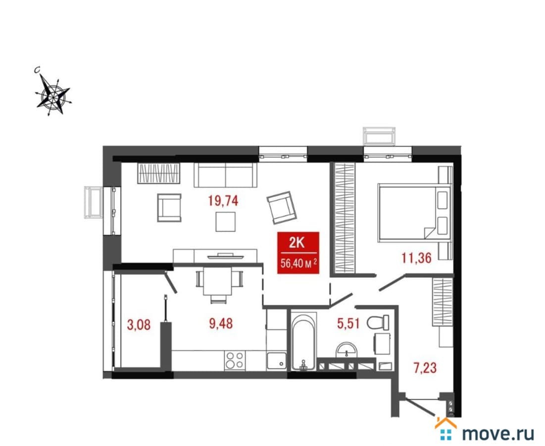 2-комн. квартира, 54.86 м²