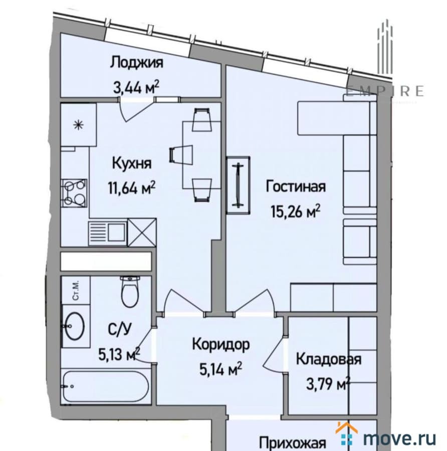 1-комн. квартира, 49.05 м²
