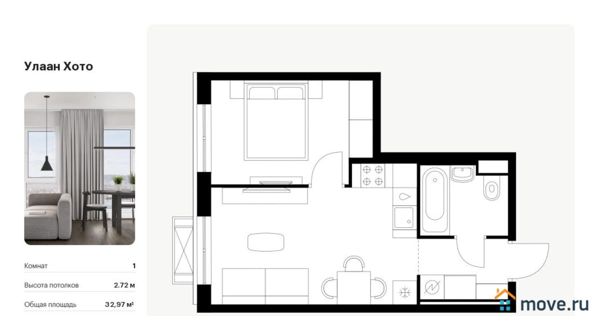 1-комн. квартира, 32.97 м²