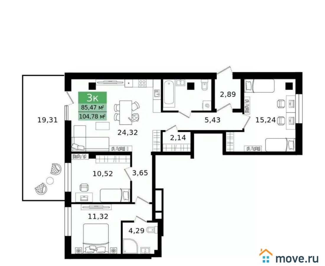 3-комн. квартира, 104.78 м²