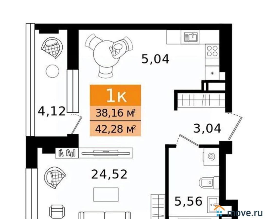 1-комн. квартира, 42.28 м²
