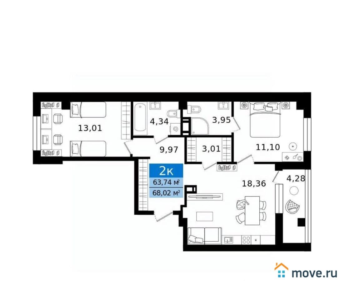 2-комн. квартира, 68.02 м²