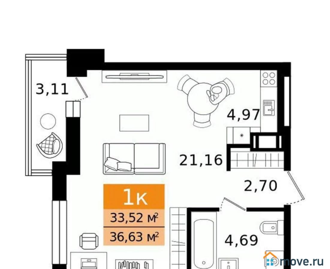 1-комн. квартира, 36.63 м²