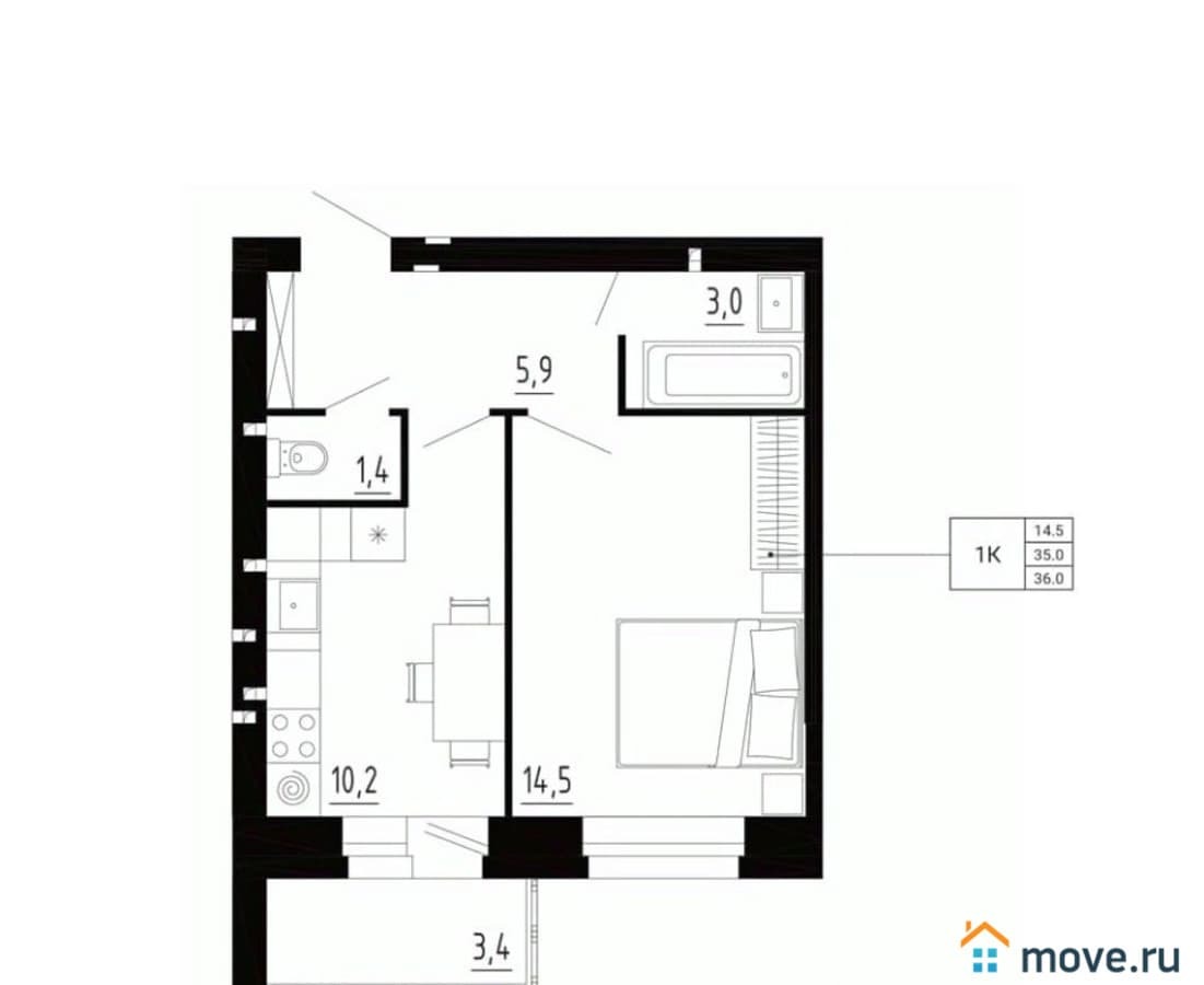 1-комн. квартира, 36 м²