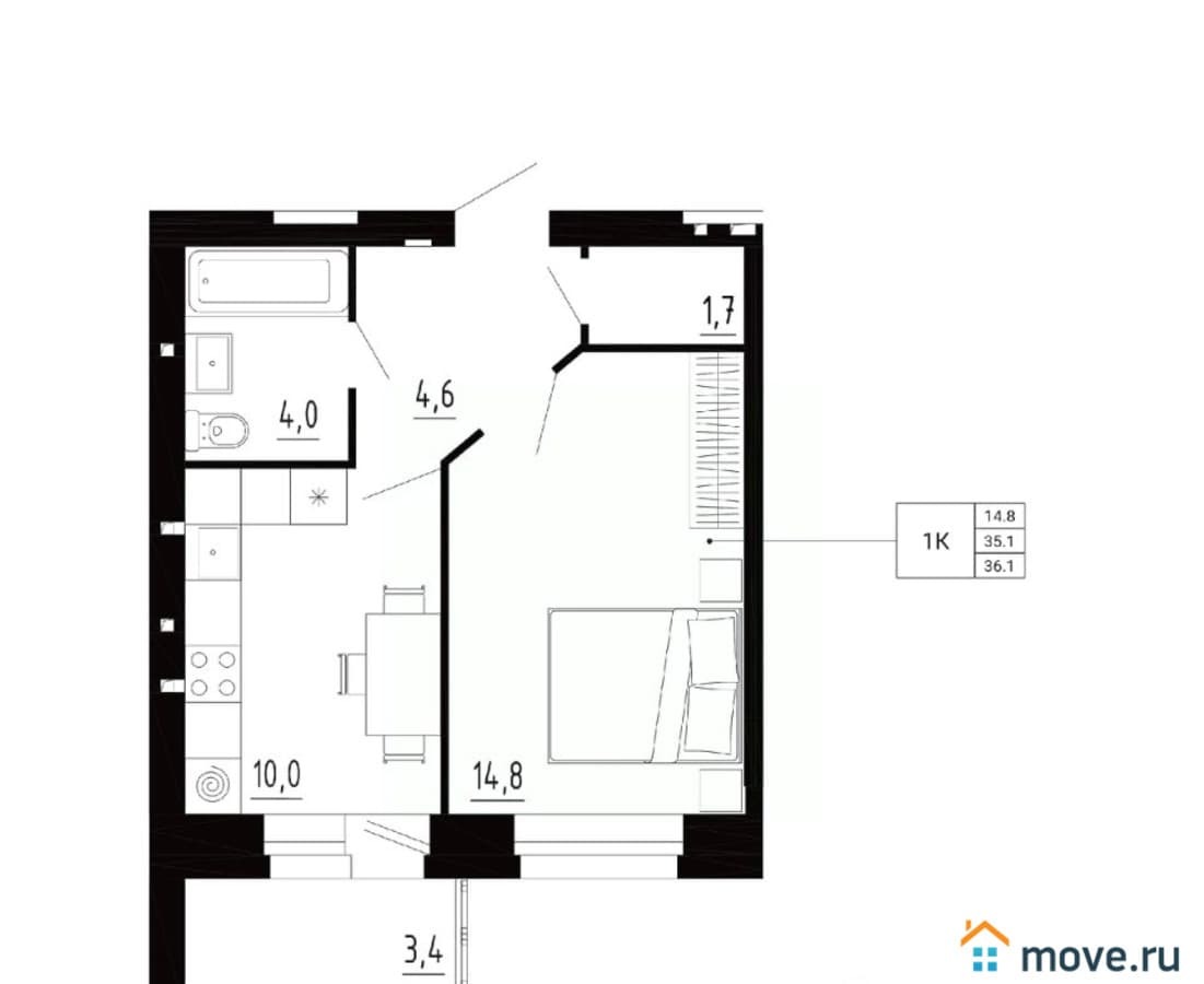1-комн. квартира, 36.1 м²