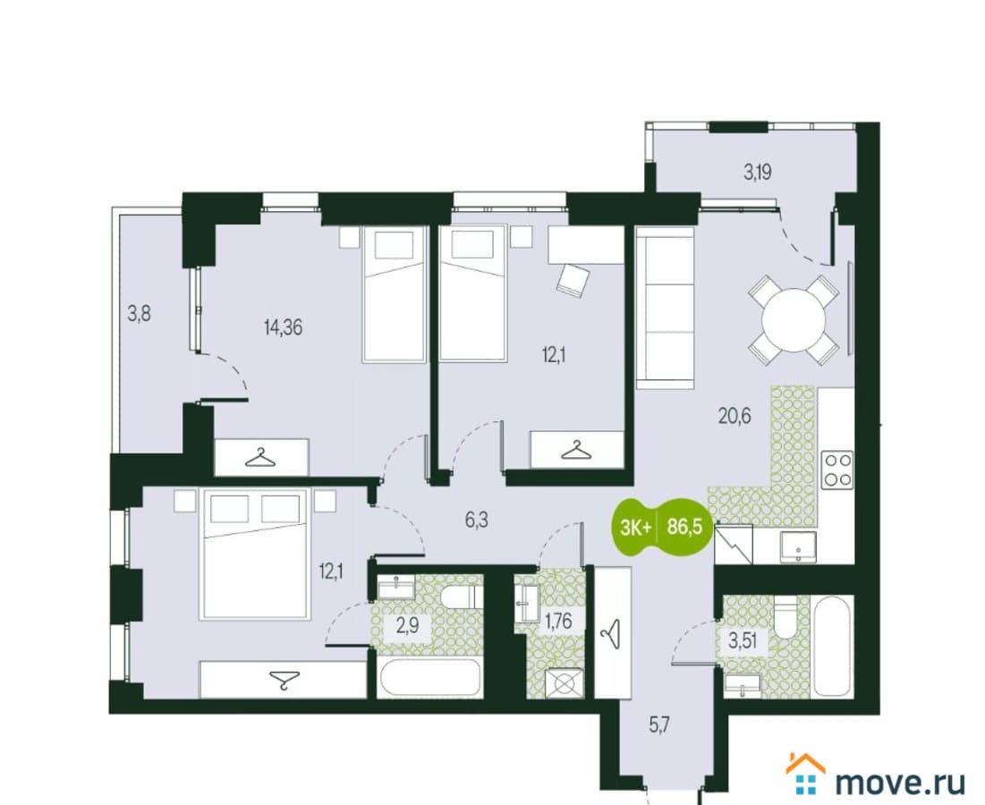 4-комн. квартира, 86.5 м²