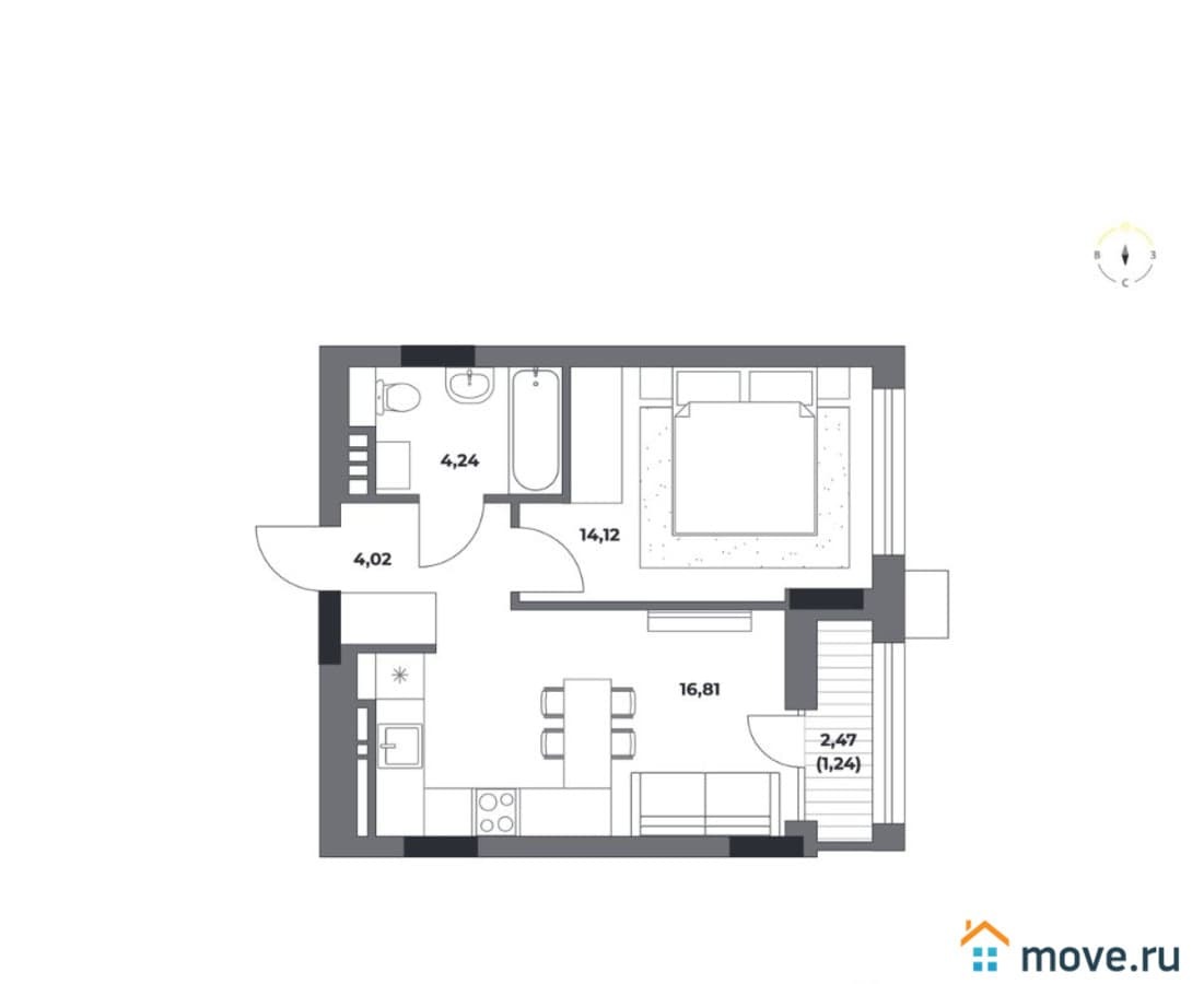 1-комн. квартира, 40.43 м²