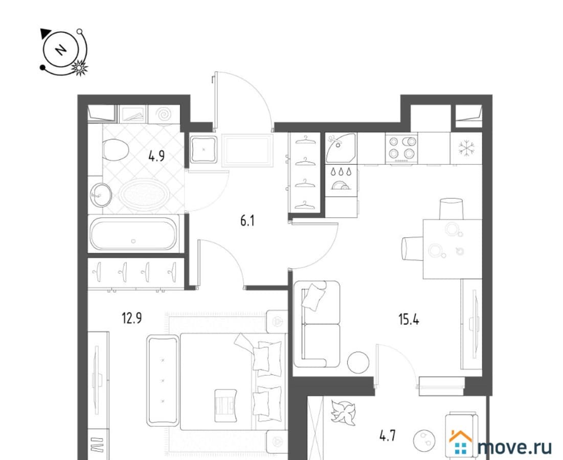 1-комн. квартира, 41.7 м²