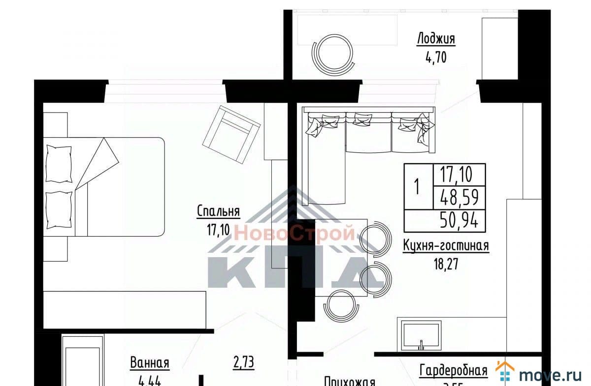 1-комн. квартира, 51 м²