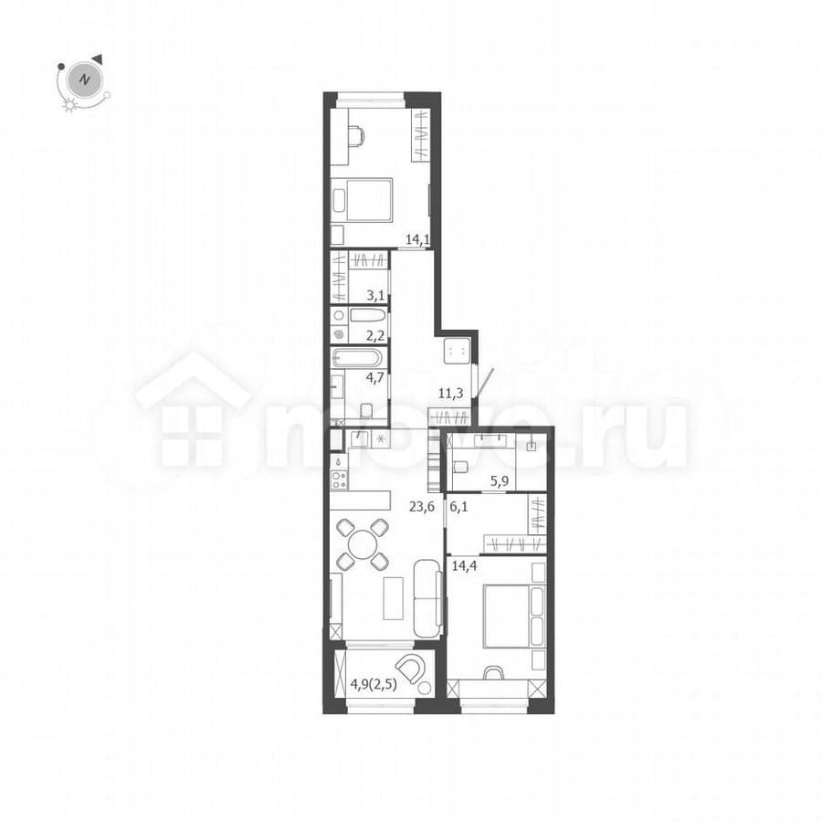 2-комн. квартира, 87.9 м²
