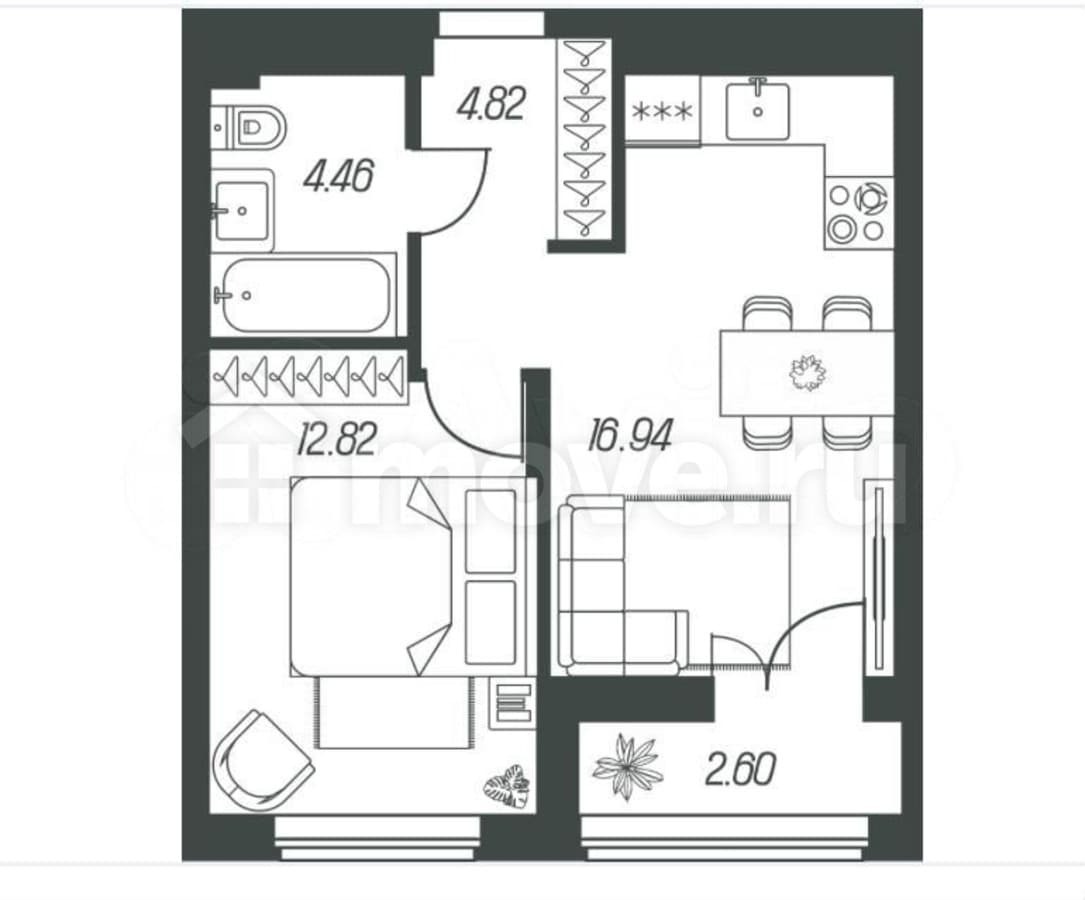 1-комн. квартира, 41.3 м²