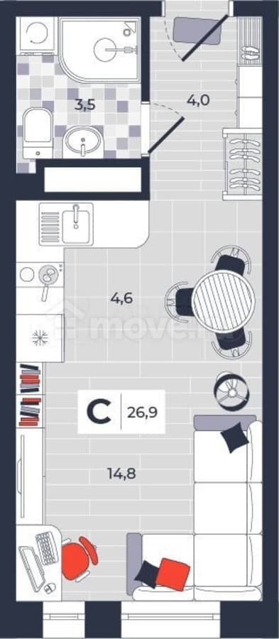 студия, 26.9 м²