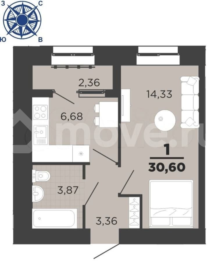 1-комн. квартира, 29.4 м²