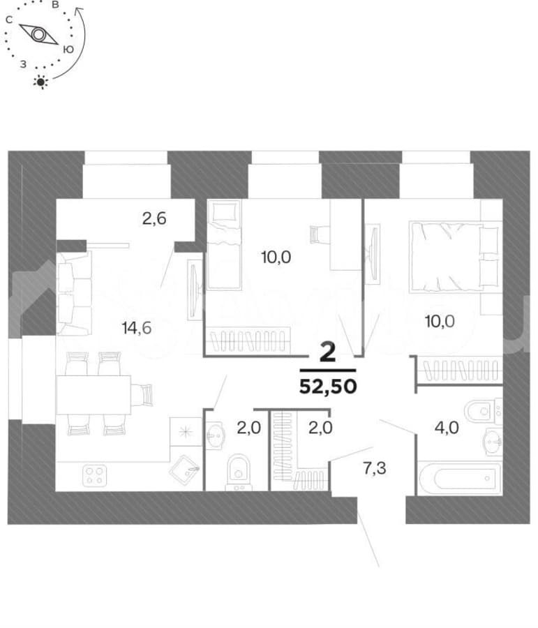 2-комн. квартира, 51.2 м²