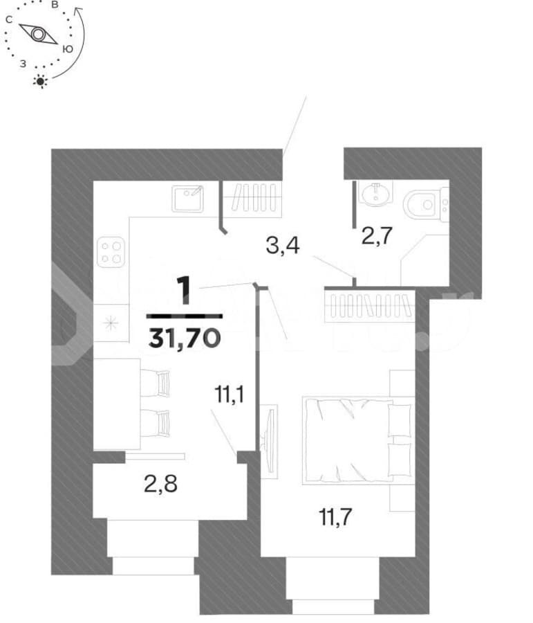 1-комн. квартира, 30.3 м²