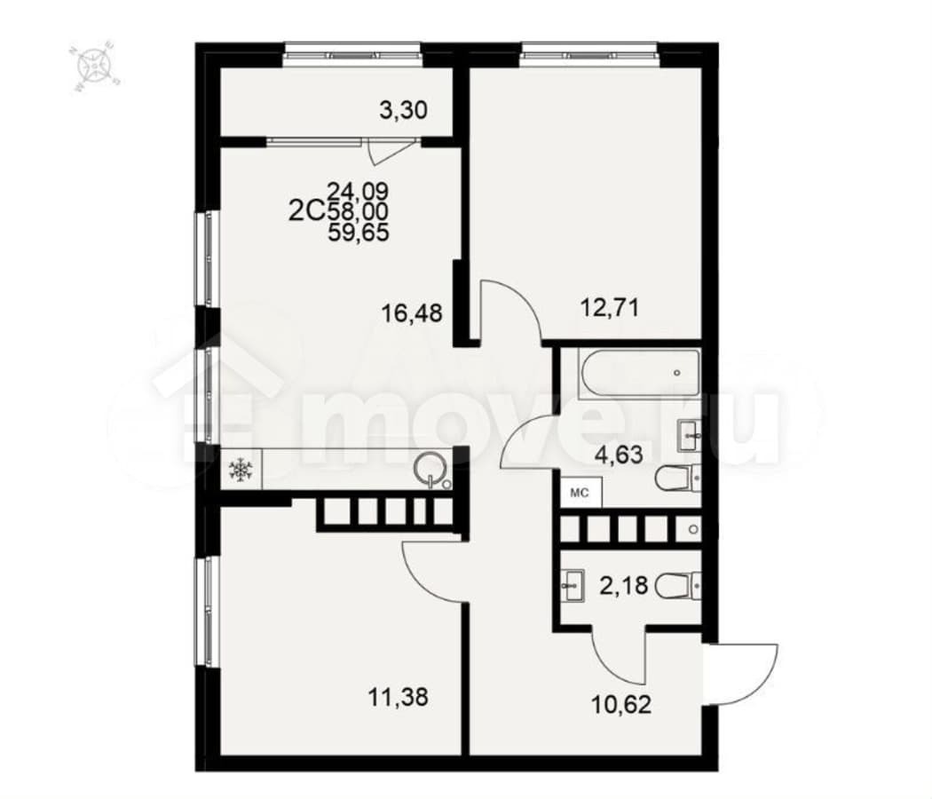 2-комн. квартира, 59.7 м²