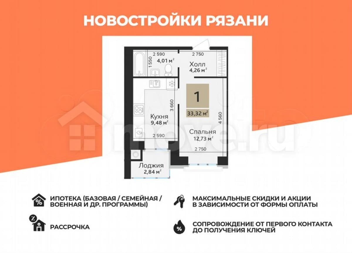1-комн. квартира, 31.9 м²