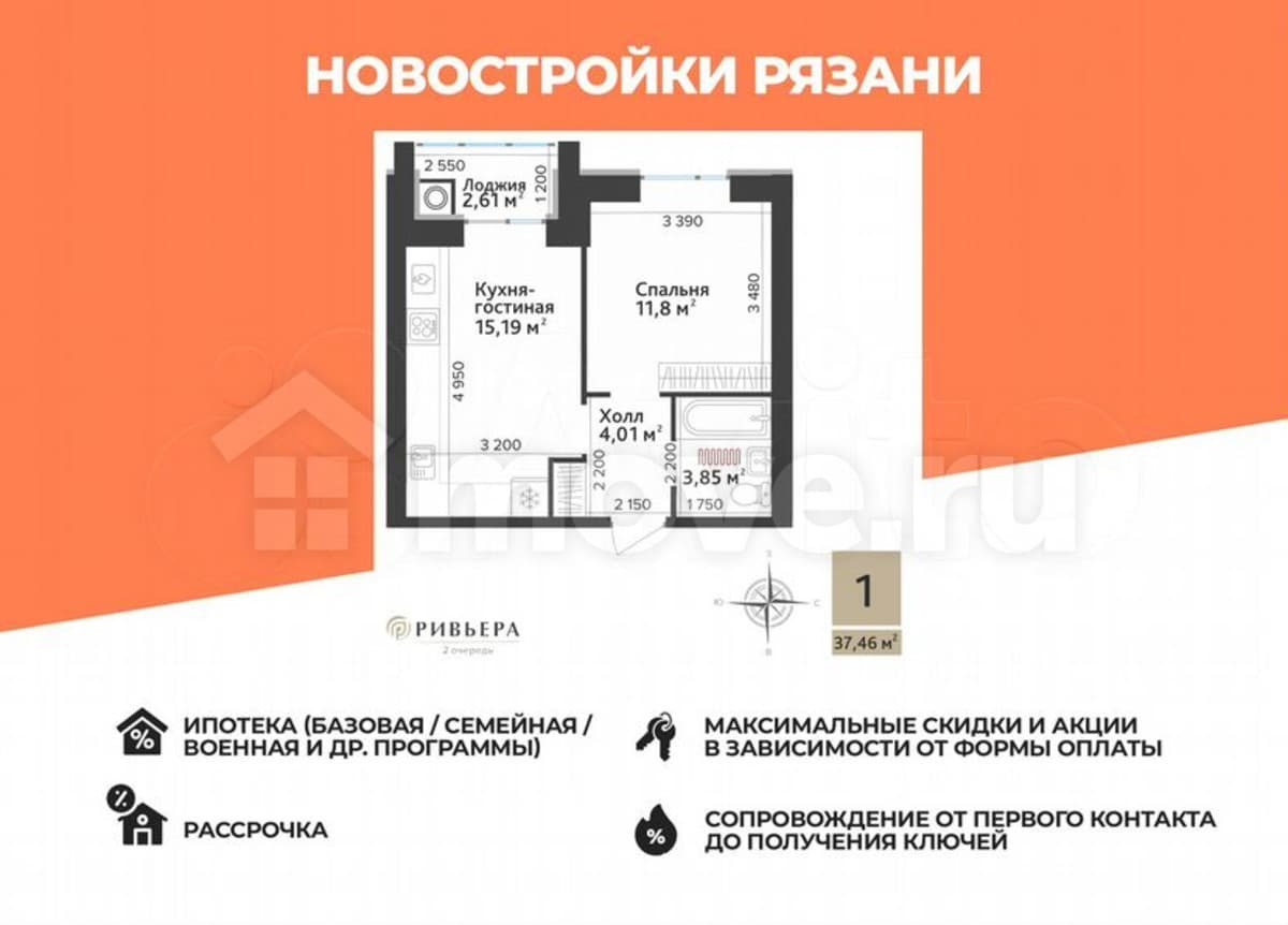 1-комн. квартира, 36.2 м²
