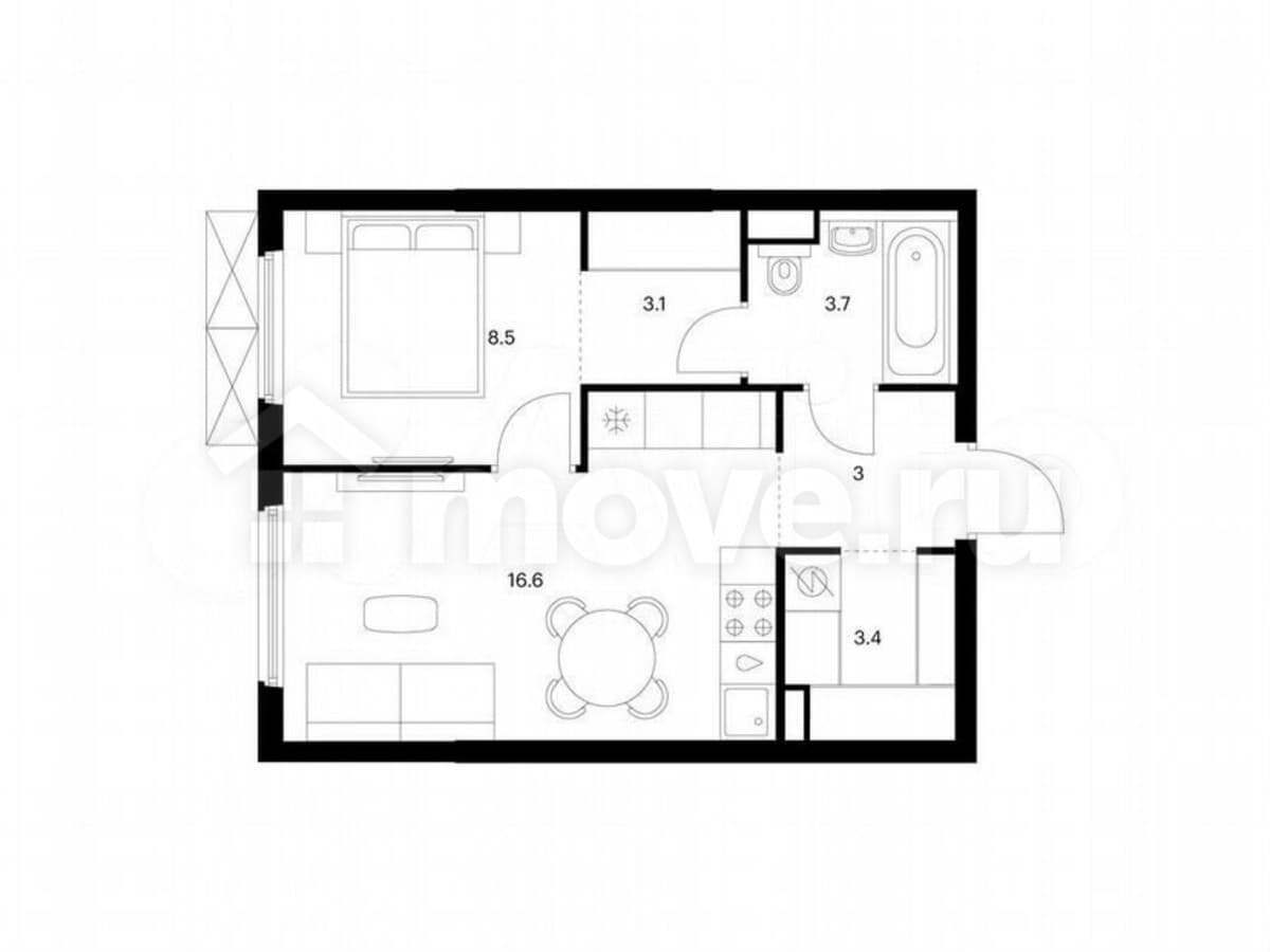 1-комн. квартира, 38.3 м²