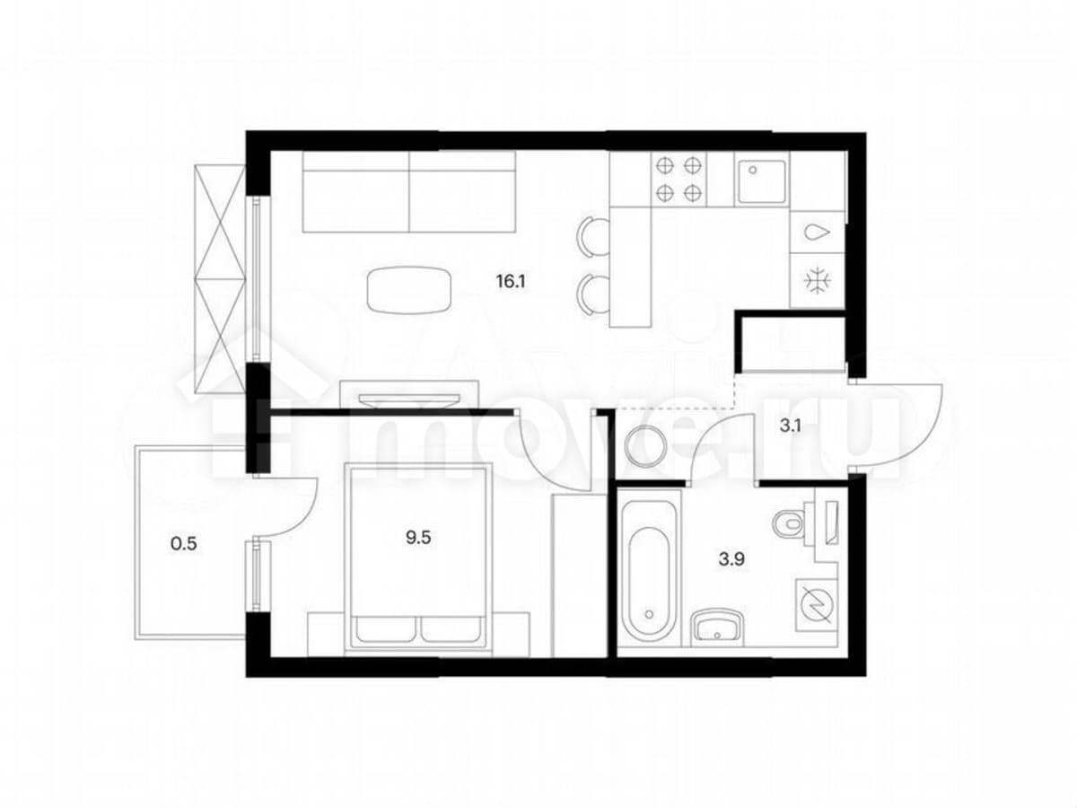1-комн. квартира, 33.1 м²