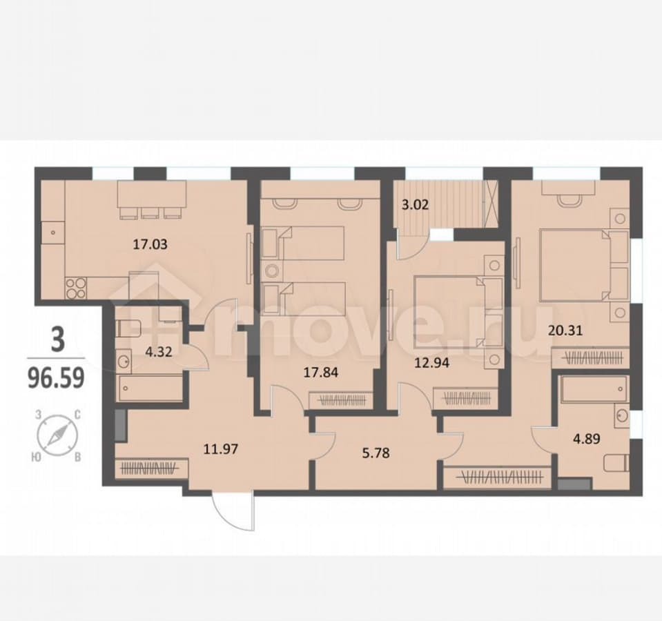 3-комн. квартира, 96.6 м²