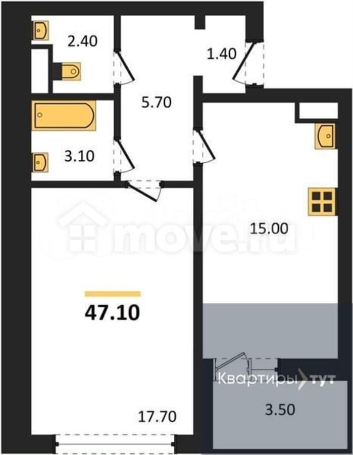 1-комн. квартира, 47.1 м²