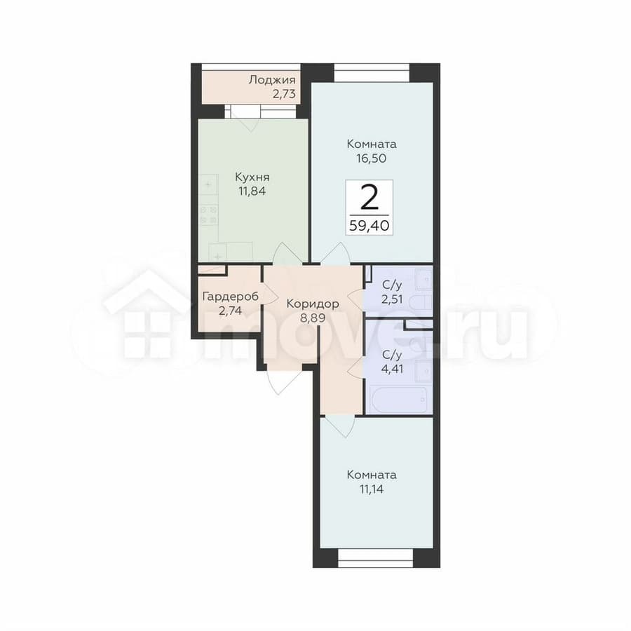 2-комн. квартира, 59.4 м²