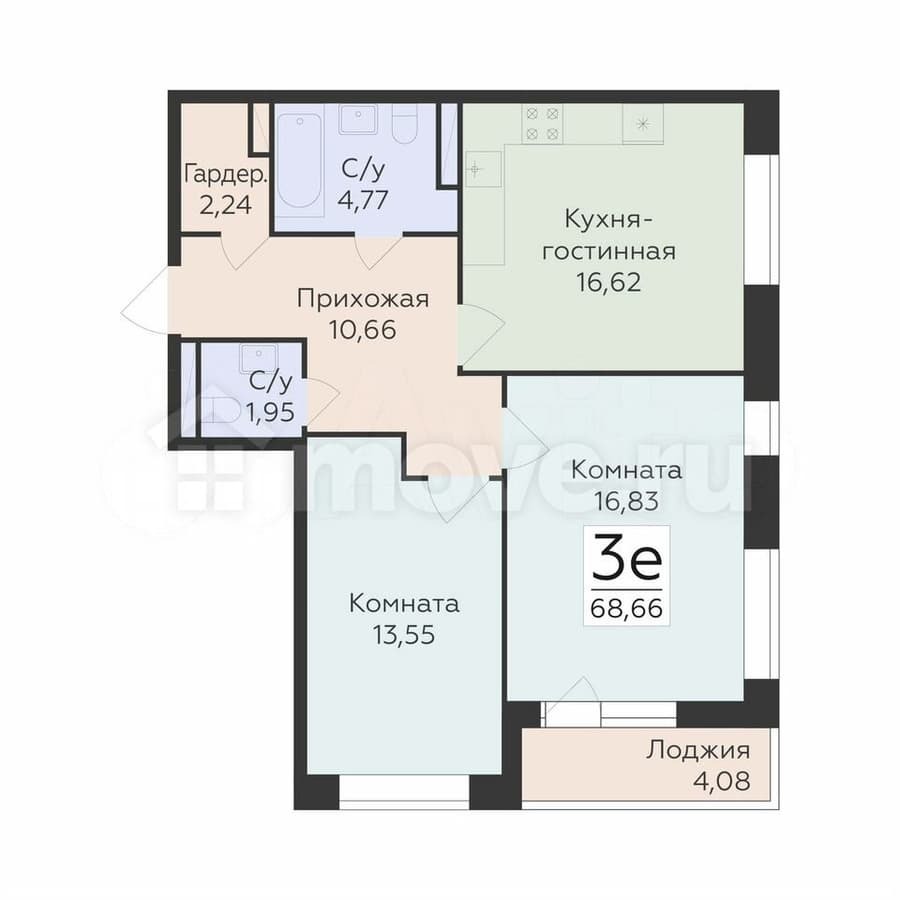 3-комн. квартира, 68.7 м²