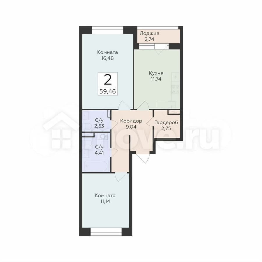 2-комн. квартира, 59.5 м²
