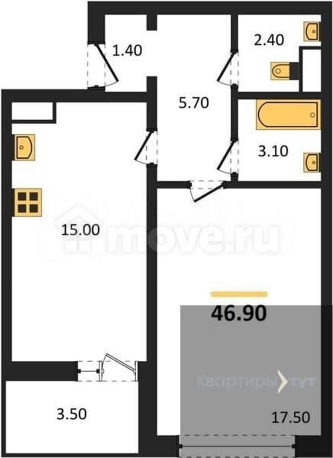 1-комн. квартира, 46.9 м²