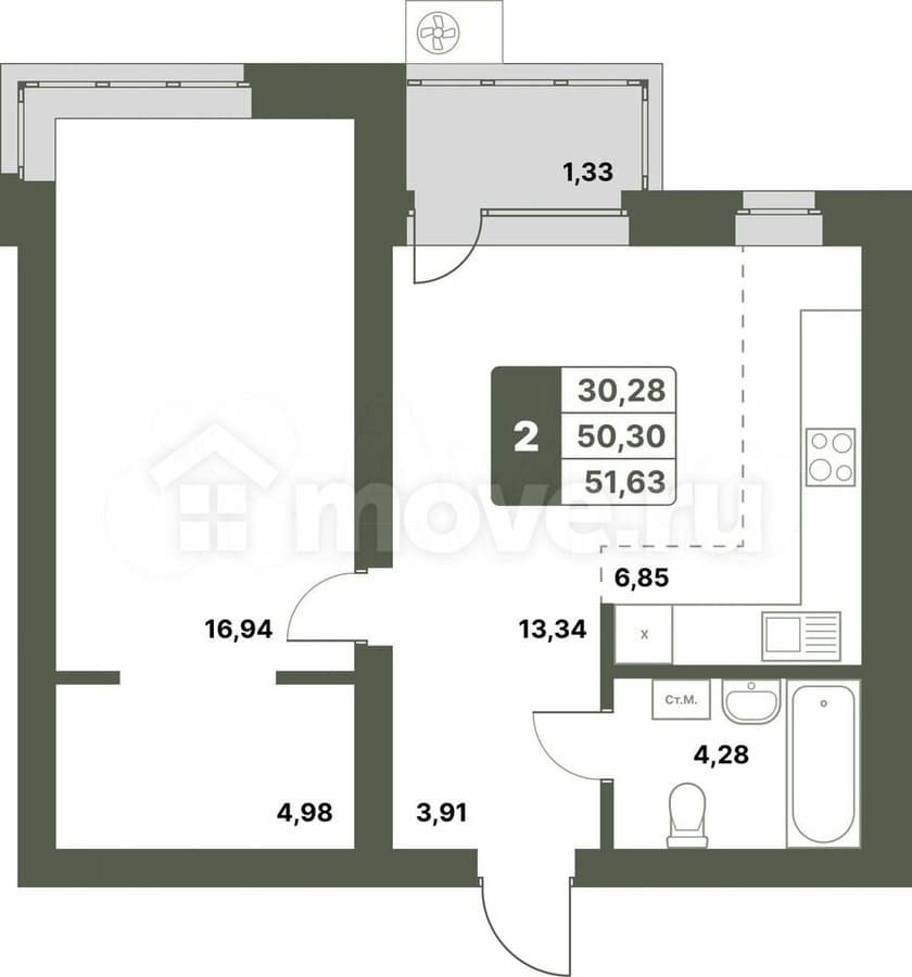 2-комн. квартира, 51.6 м²