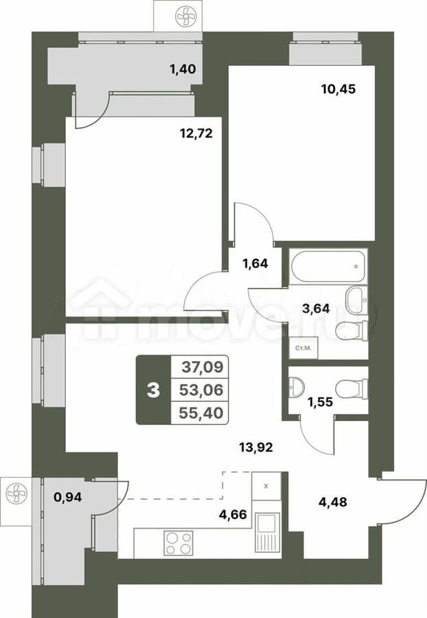 2-комн. квартира, 55.4 м²