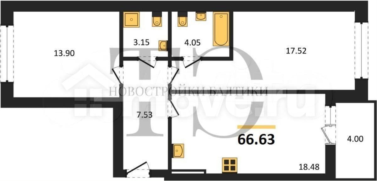 2-комн. квартира, 66.6 м²