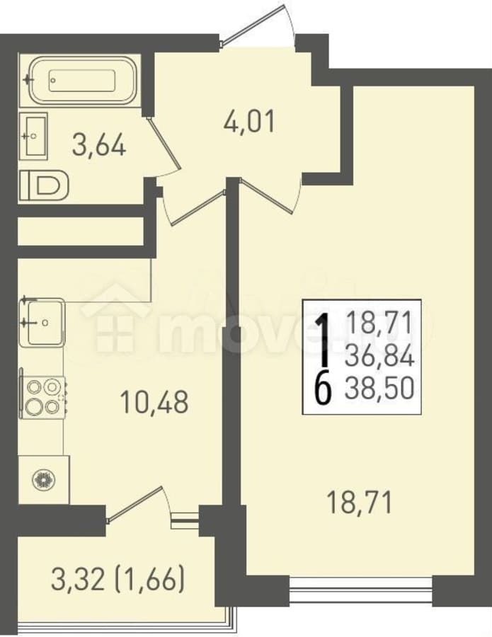 1-комн. квартира, 38.5 м²