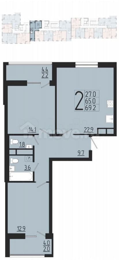 2-комн. квартира, 69.2 м²
