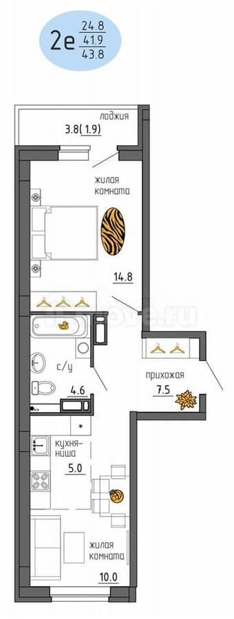 2-комн. квартира, 43.8 м²