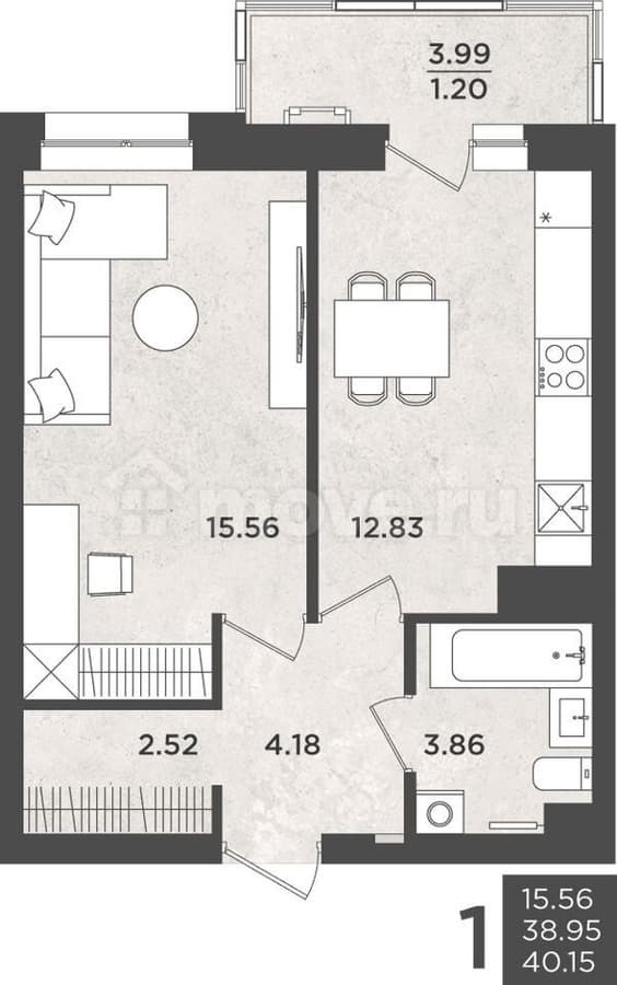 1-комн. квартира, 40.2 м²