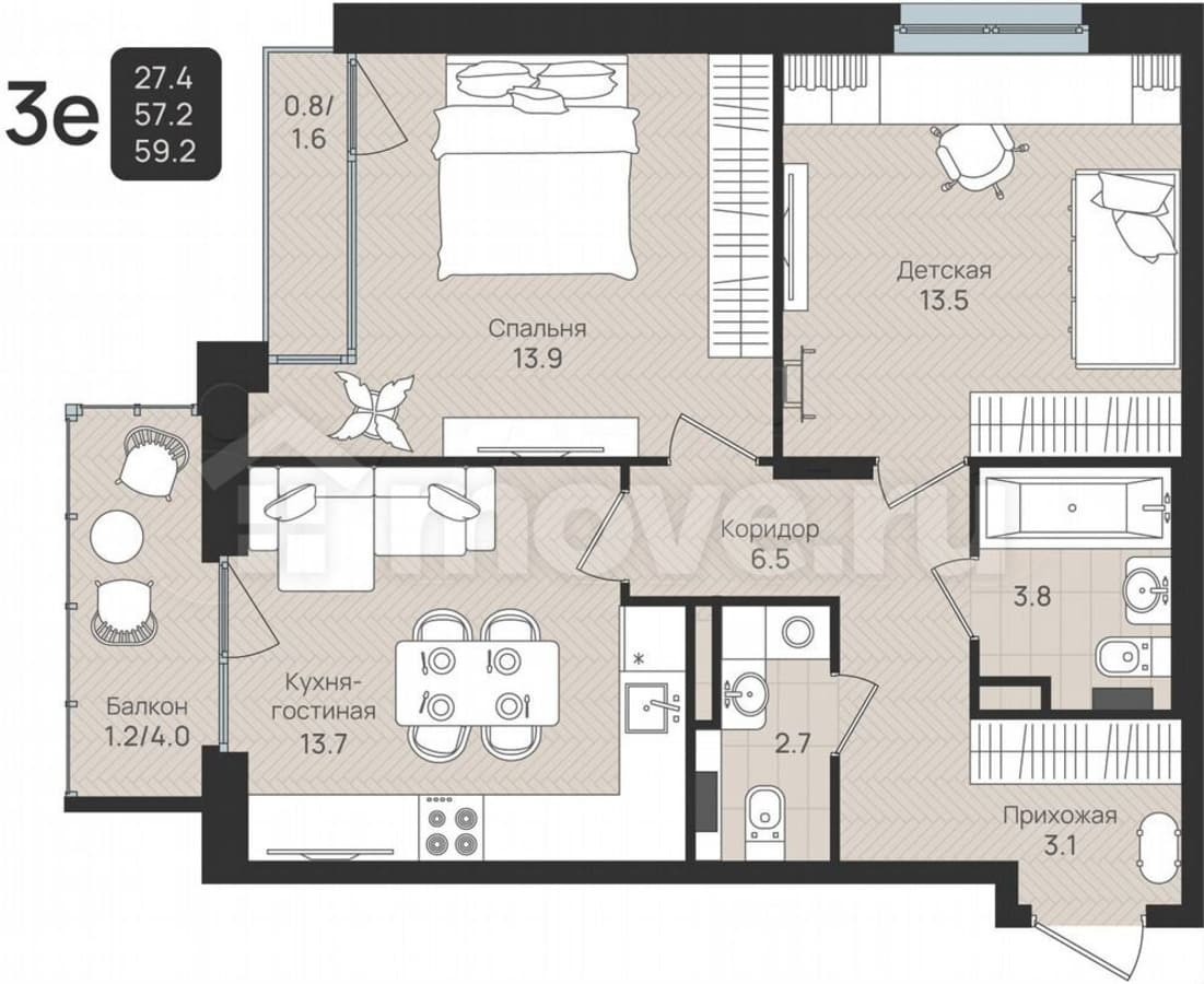 3-комн. квартира, 59.2 м²