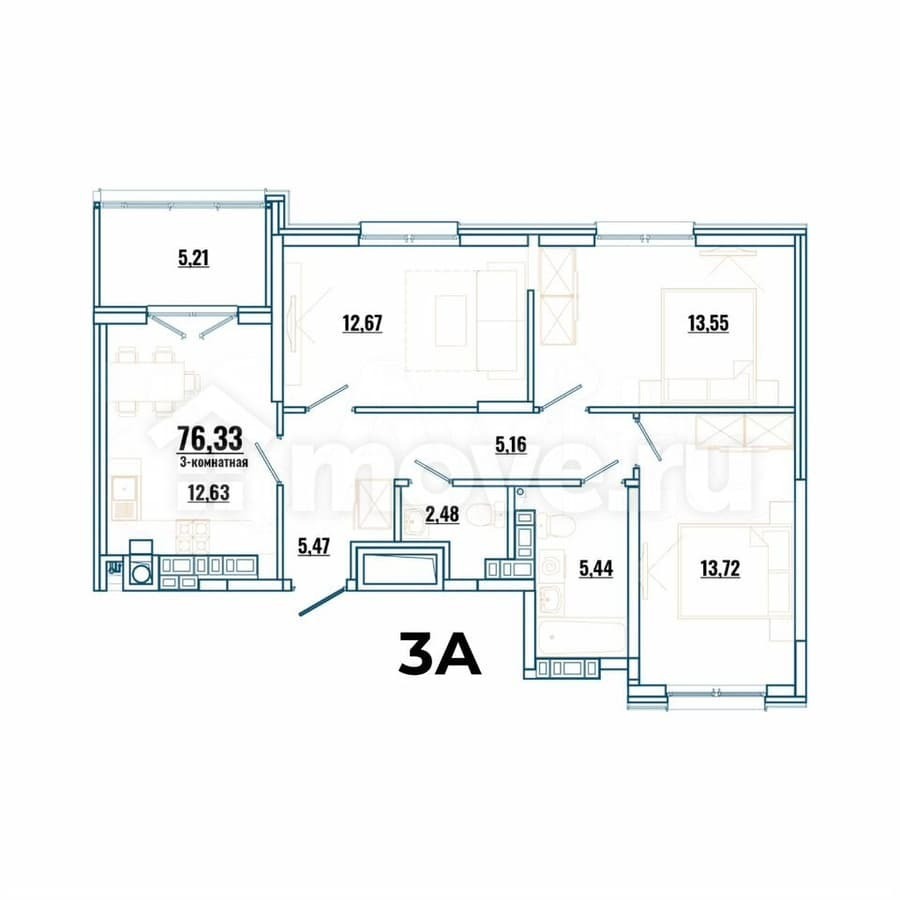 3-комн. квартира, 76.3 м²
