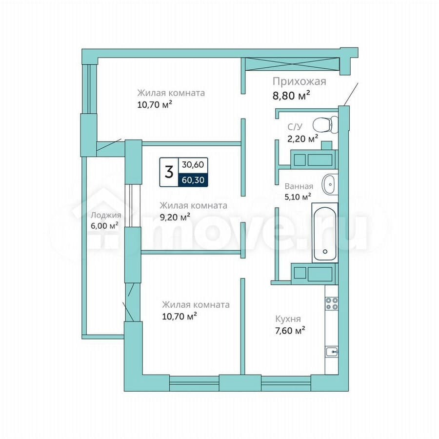 3-комн. квартира, 60.3 м²